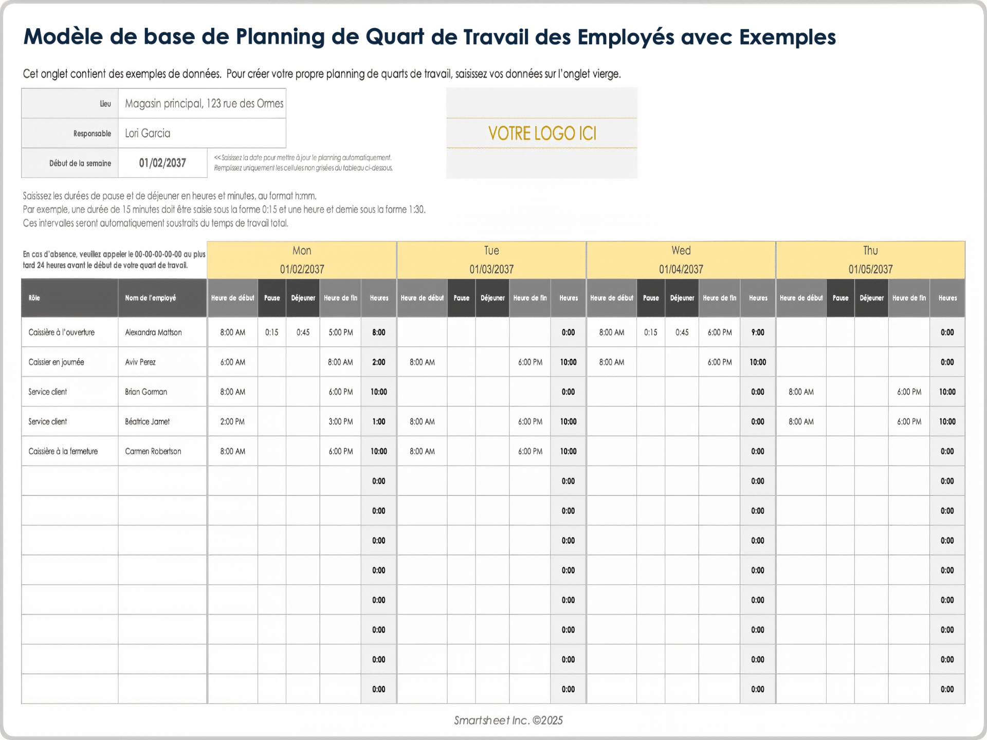 Modèle de base de planning de quart de travail des employés