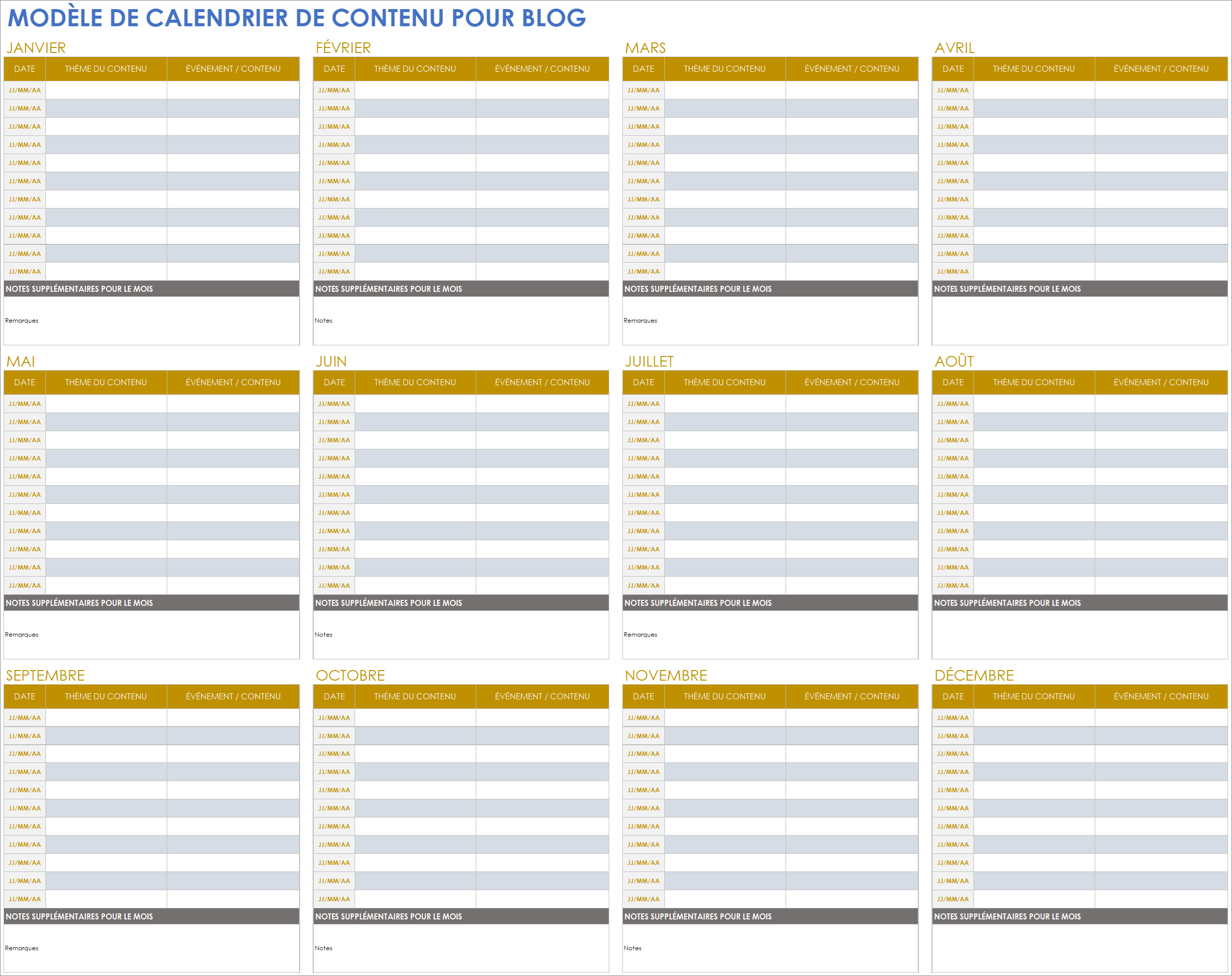 Modèle de calendrier rédactionnel pour les blogs