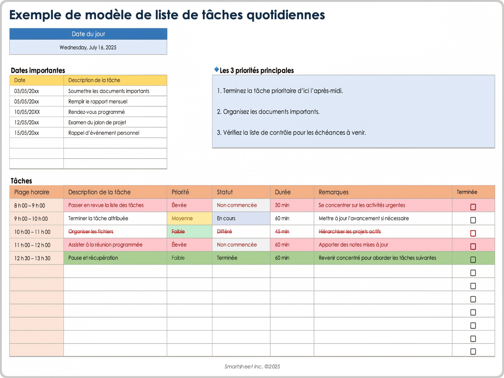 Exemple de modèle de liste de tâches quotidiennes