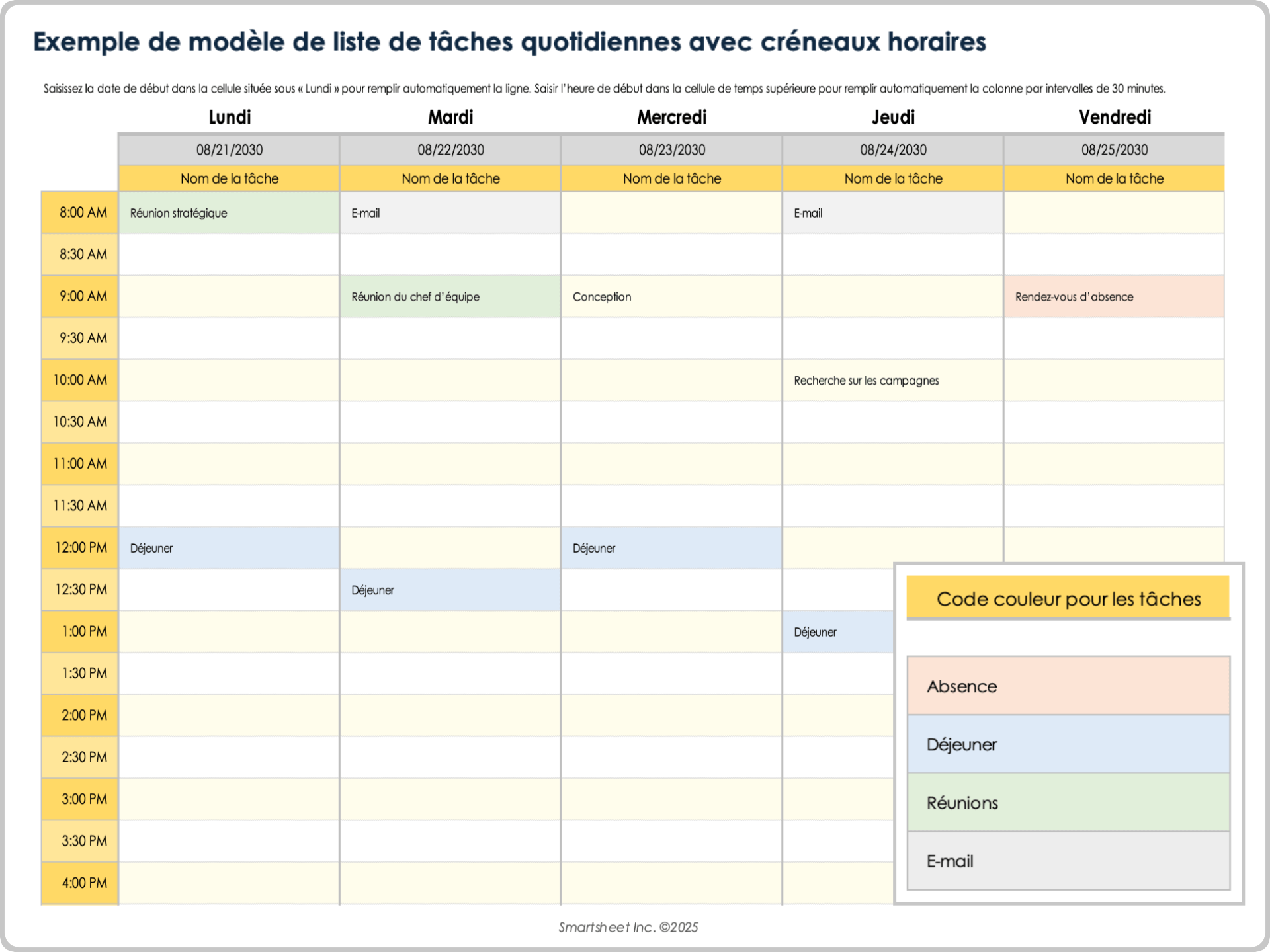 Exemple de modèle de liste de tâches quotidiennes avec créneaux horaires