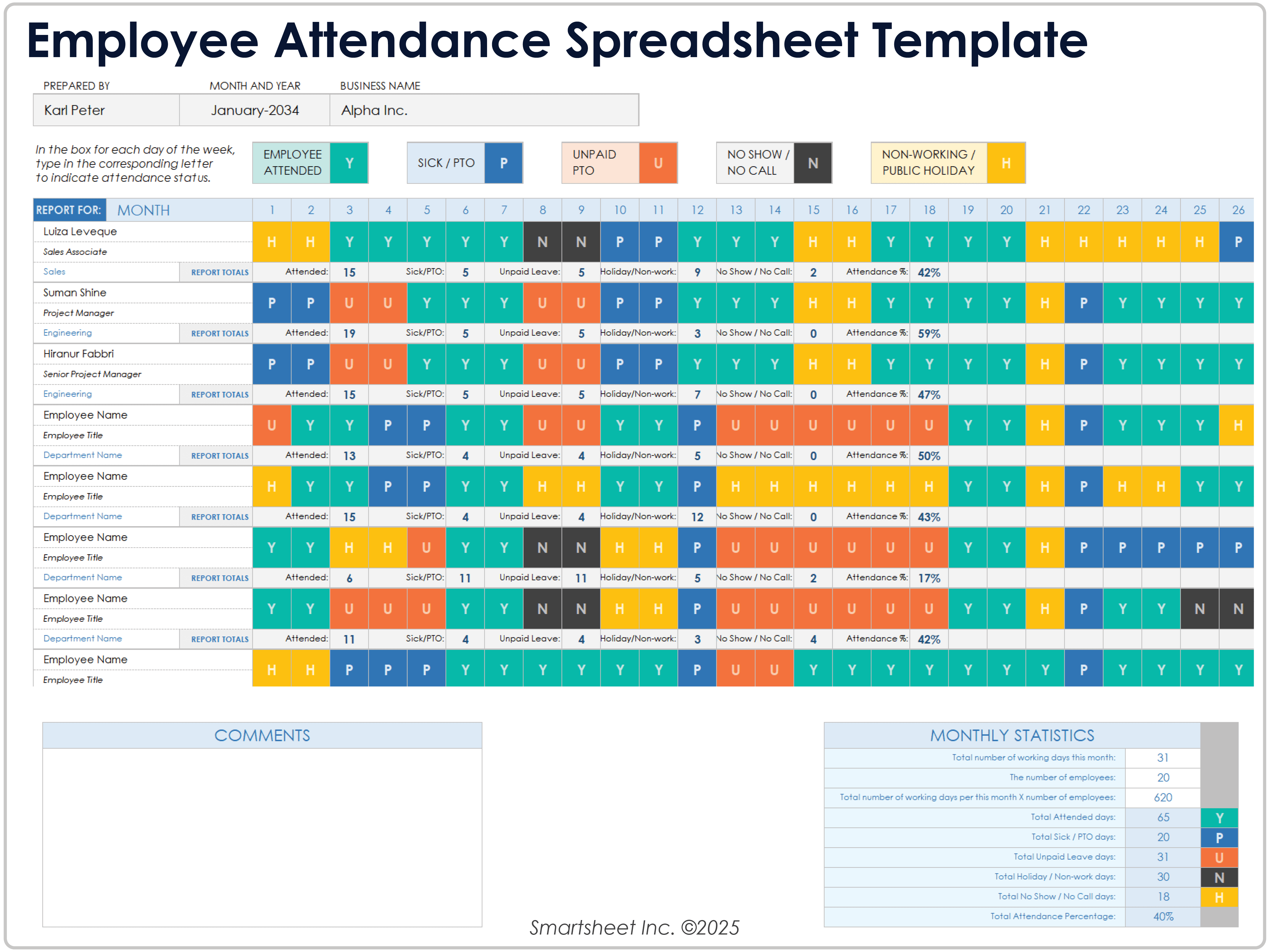 Modèle de feuille de calcul de présence des employés
