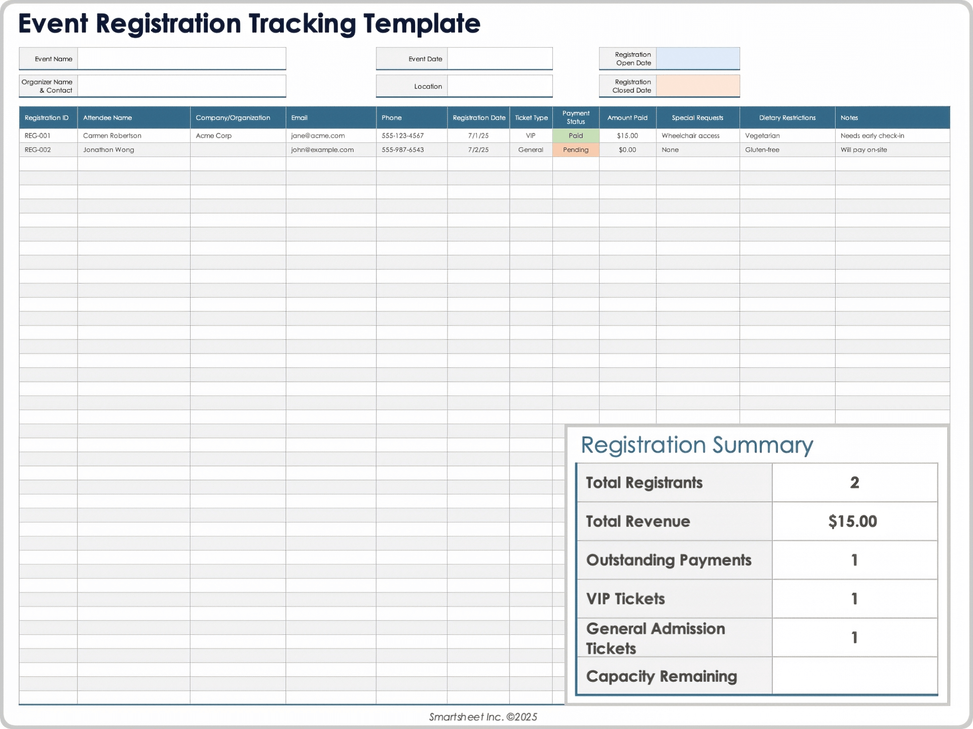Modèle de suivi des inscriptions à un événement 9053