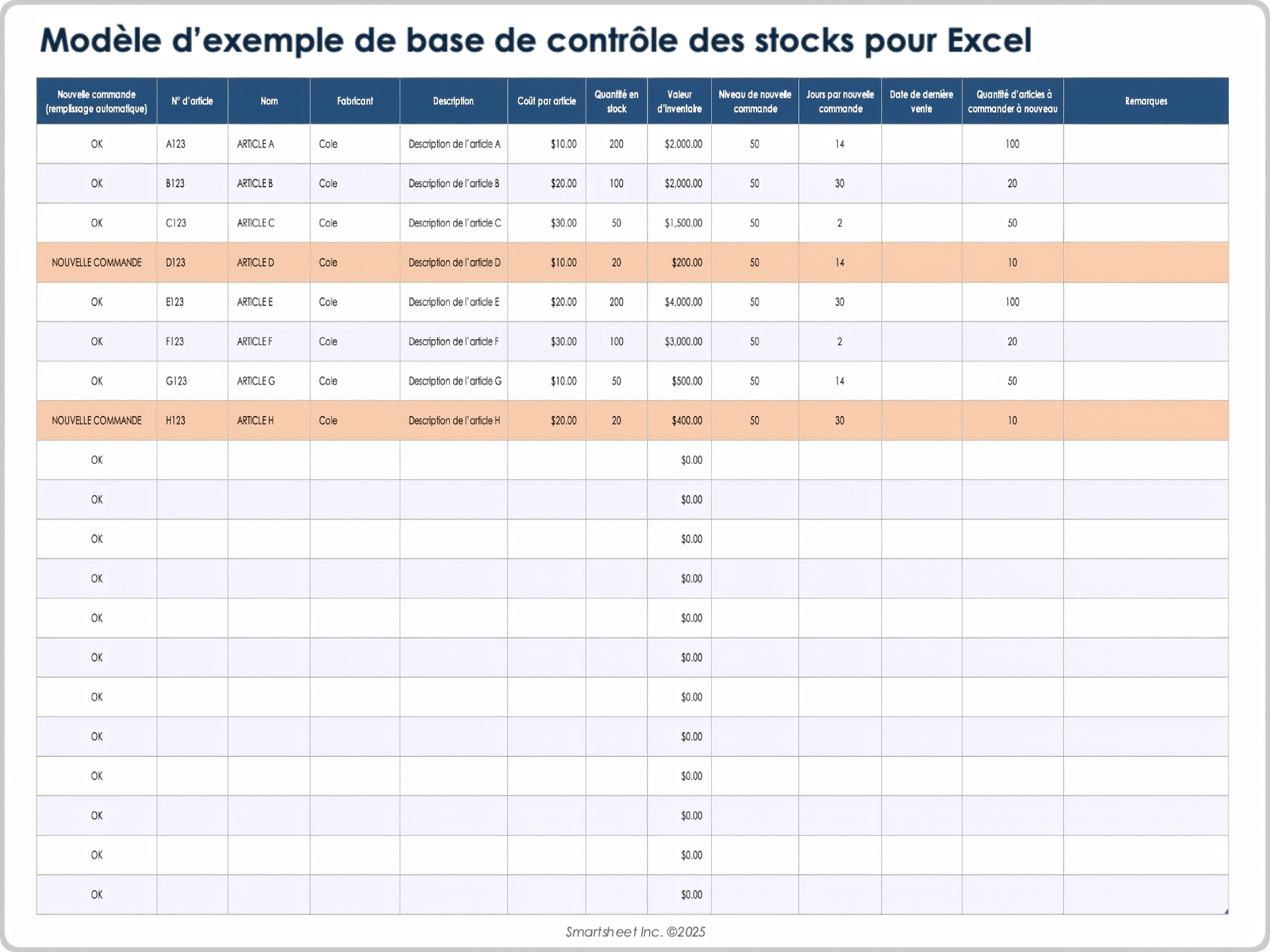 Exemple de modèle de contrôle d'inventaire de base 