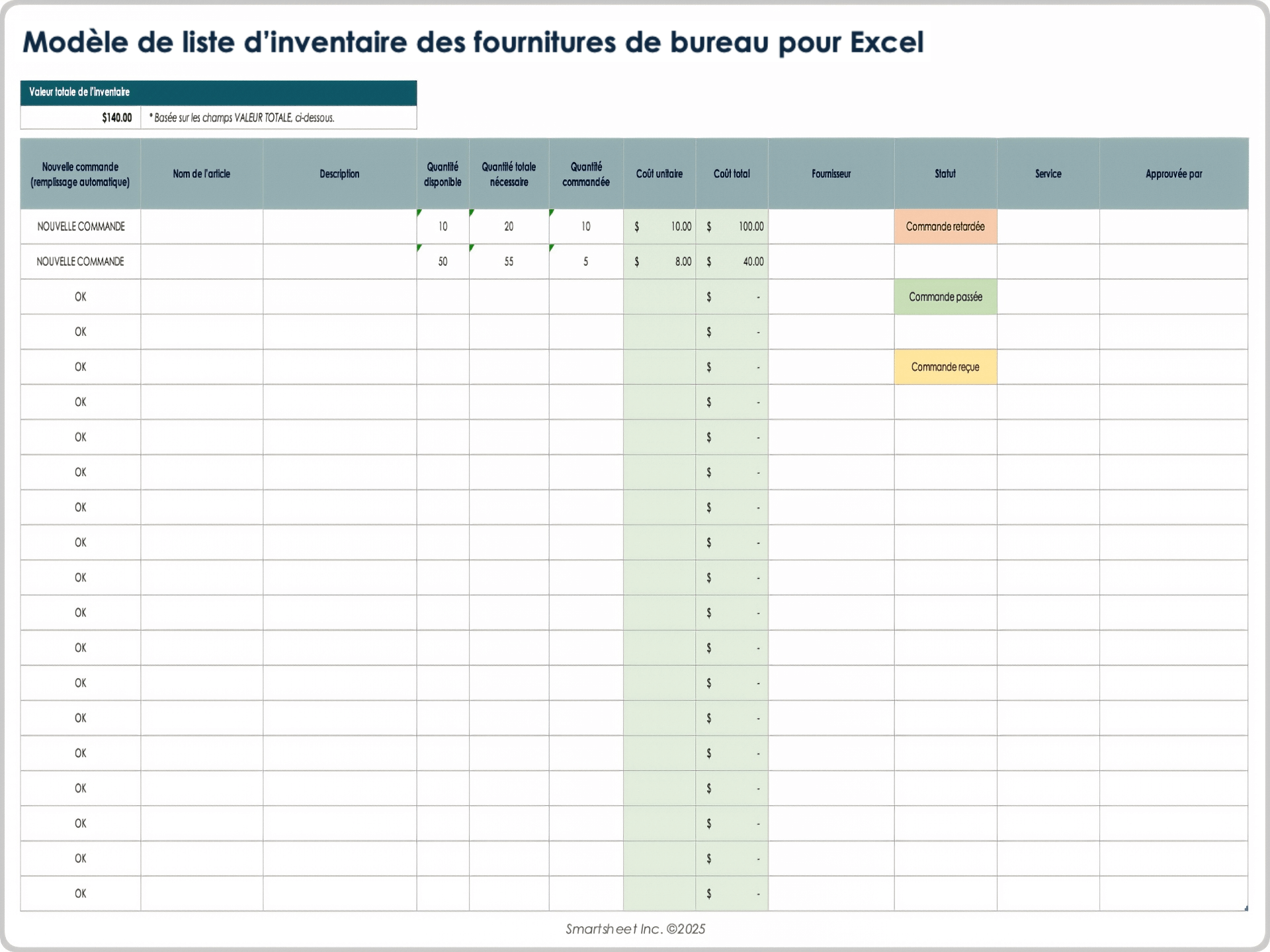  Modèle de liste d'inventaire de fournitures de bureau 