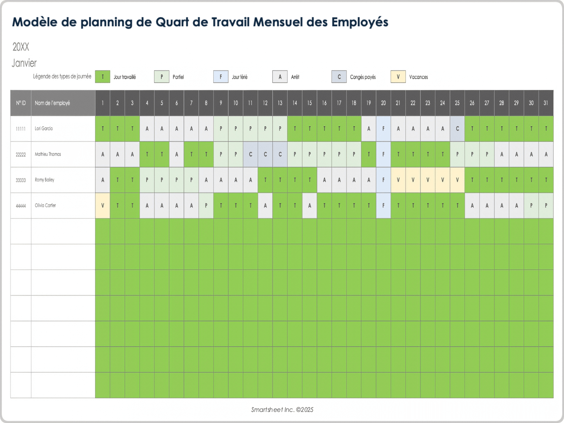 Modèle de planning de quart de travail mensuel des employés