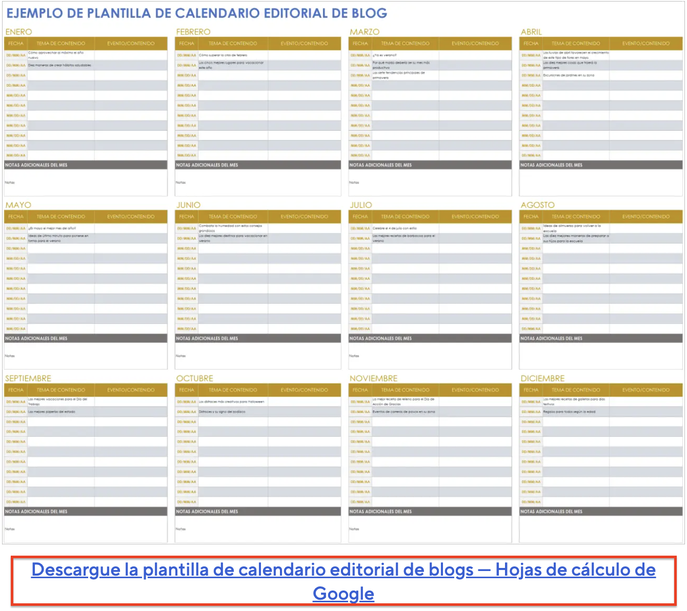 Modèle de calendrier de blogging ouvert dans Google Sheets