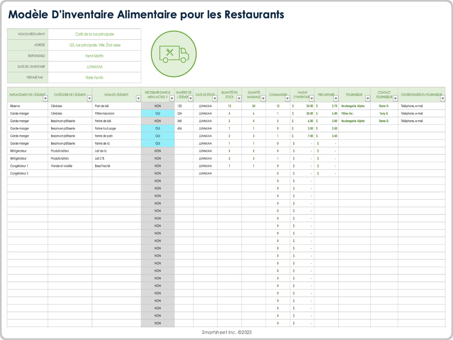  Modèle d'inventaire des aliments pour restaurant