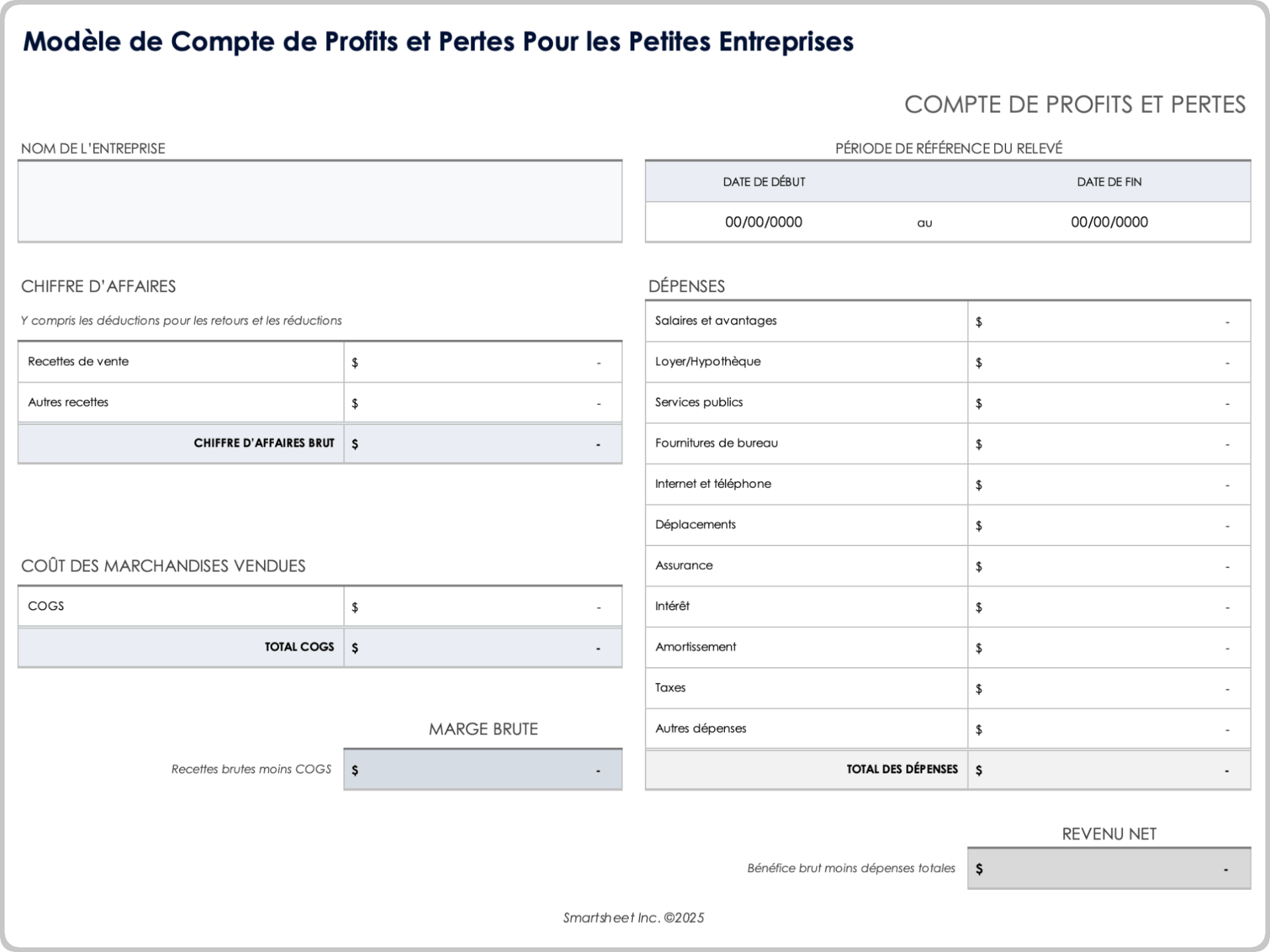 Modèle de pertes et profits pour petite entreprise