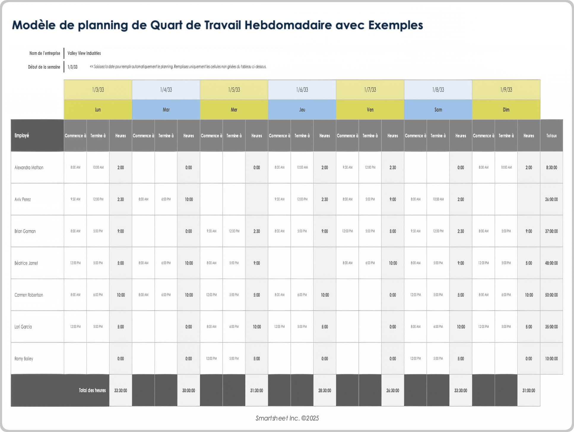 Modèle de planning de quart de travail hebdomadaire