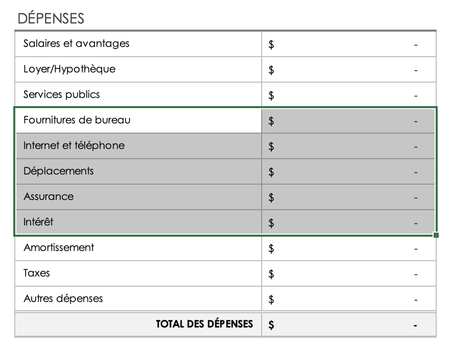 Dépenses - Mise en surbrillance des cellules à supprimer