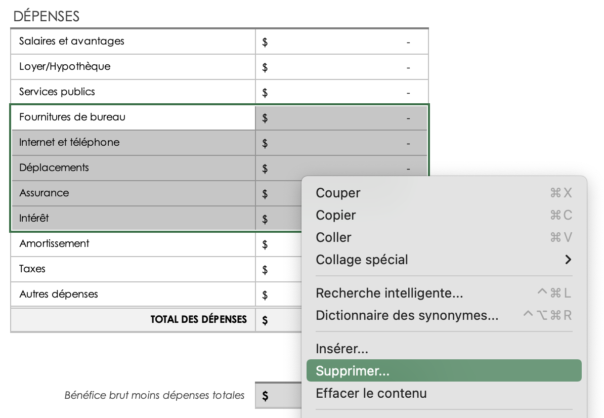 Dépenses - Menu déroulant de suppression de ligne