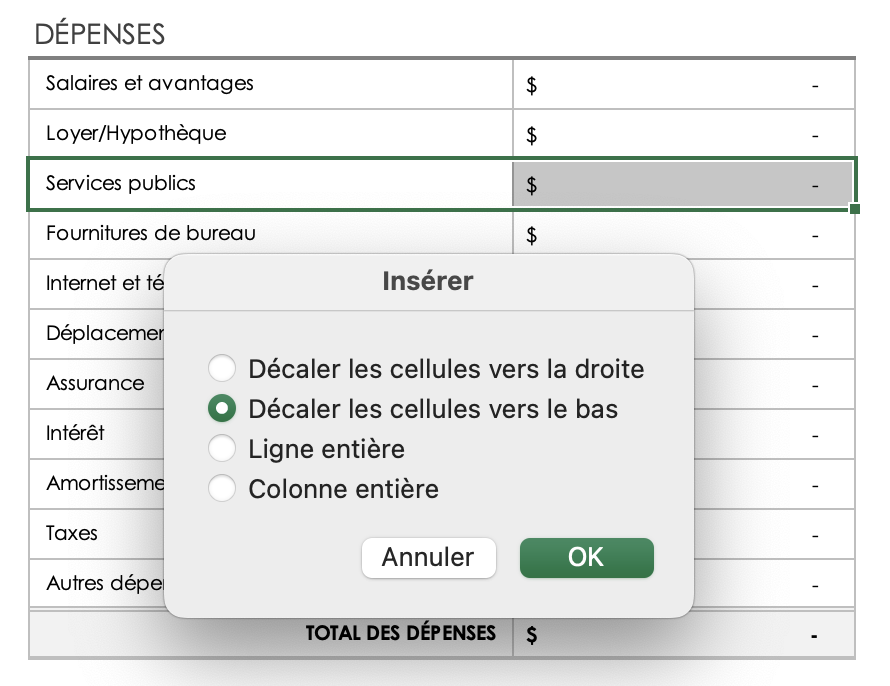 Dépenses - Décaler les cellules vers le bas