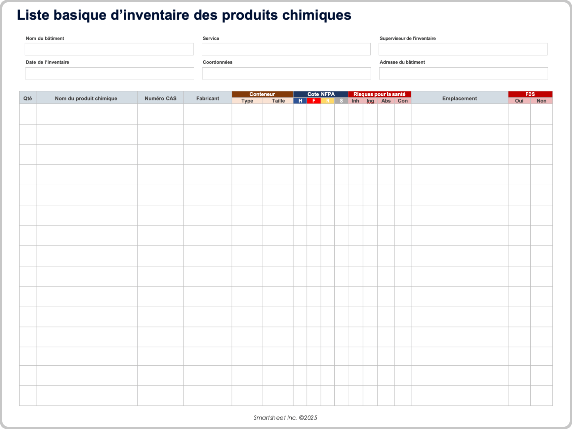 Modèle basique de liste d’inventaire des produits chimiques