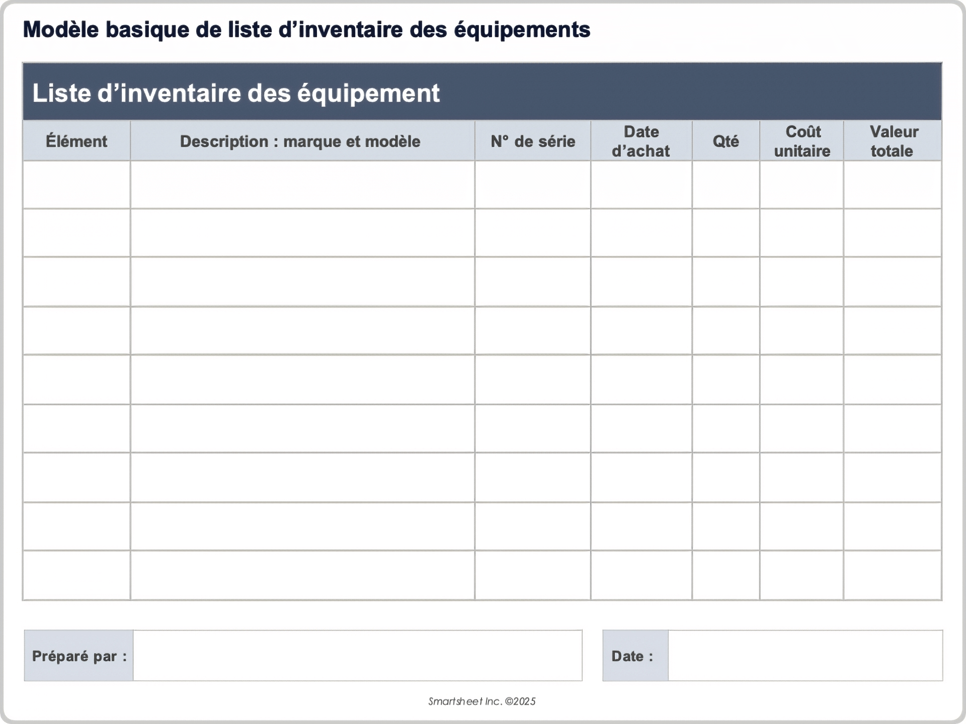 Modèle basique de liste d’inventaire des équipements