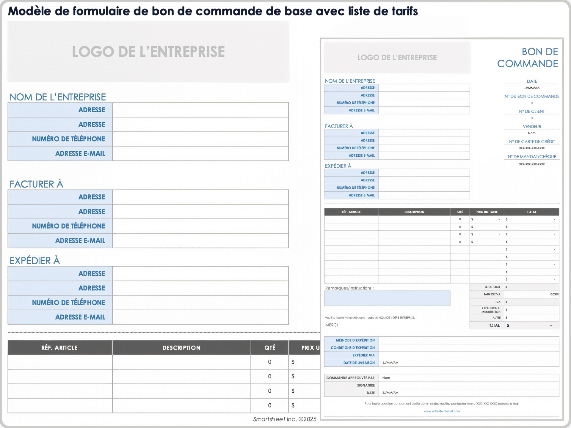 Formulaire de commande de base avec modèle de liste de prix