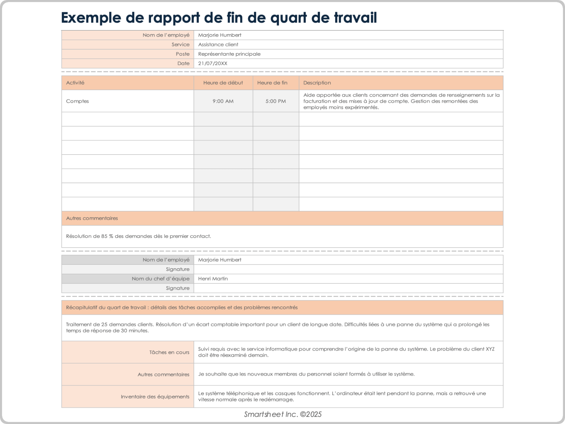 Modèle de rapport de fin de quart de travail