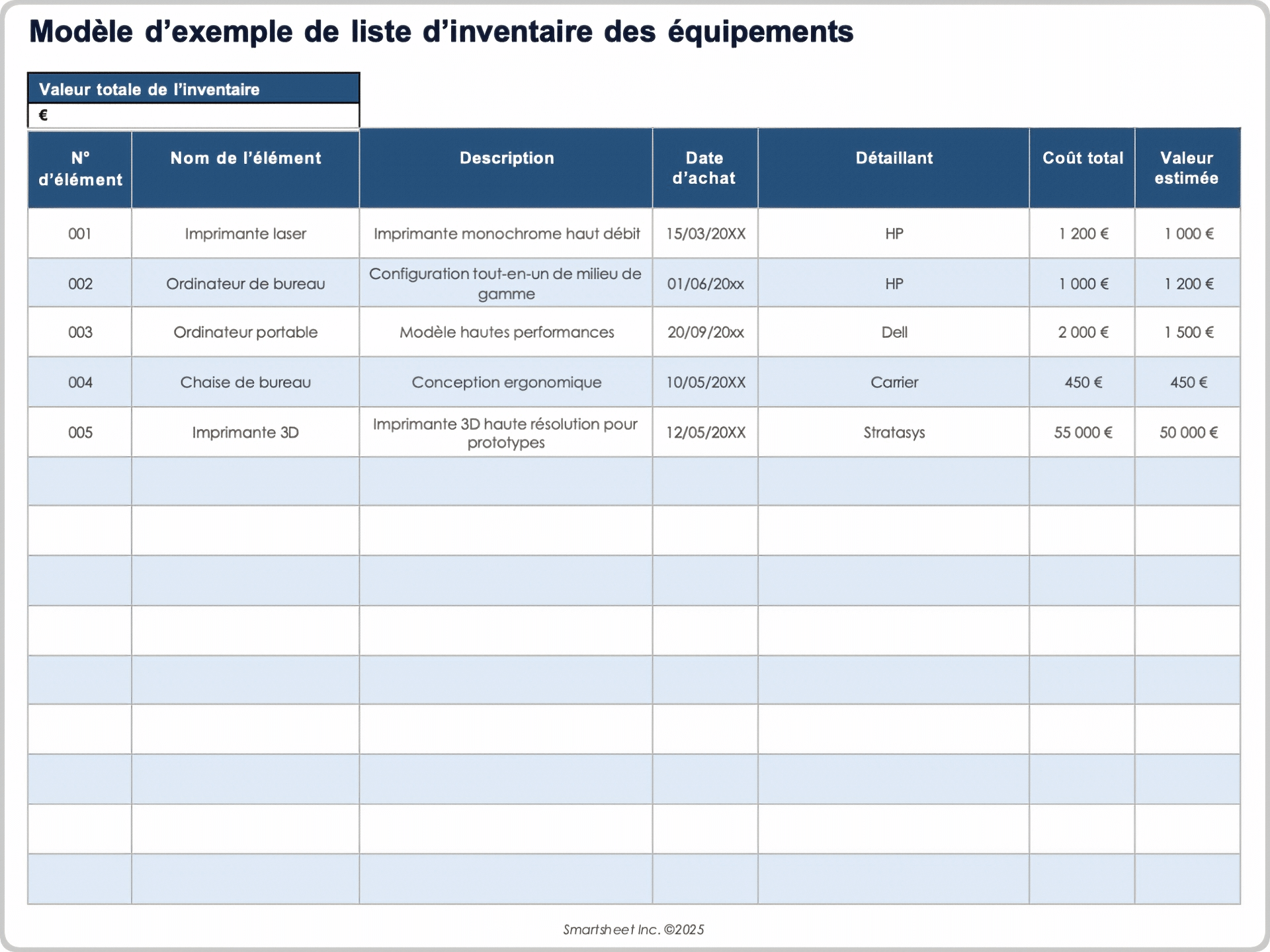 Modèle de liste d’inventaire des équipements