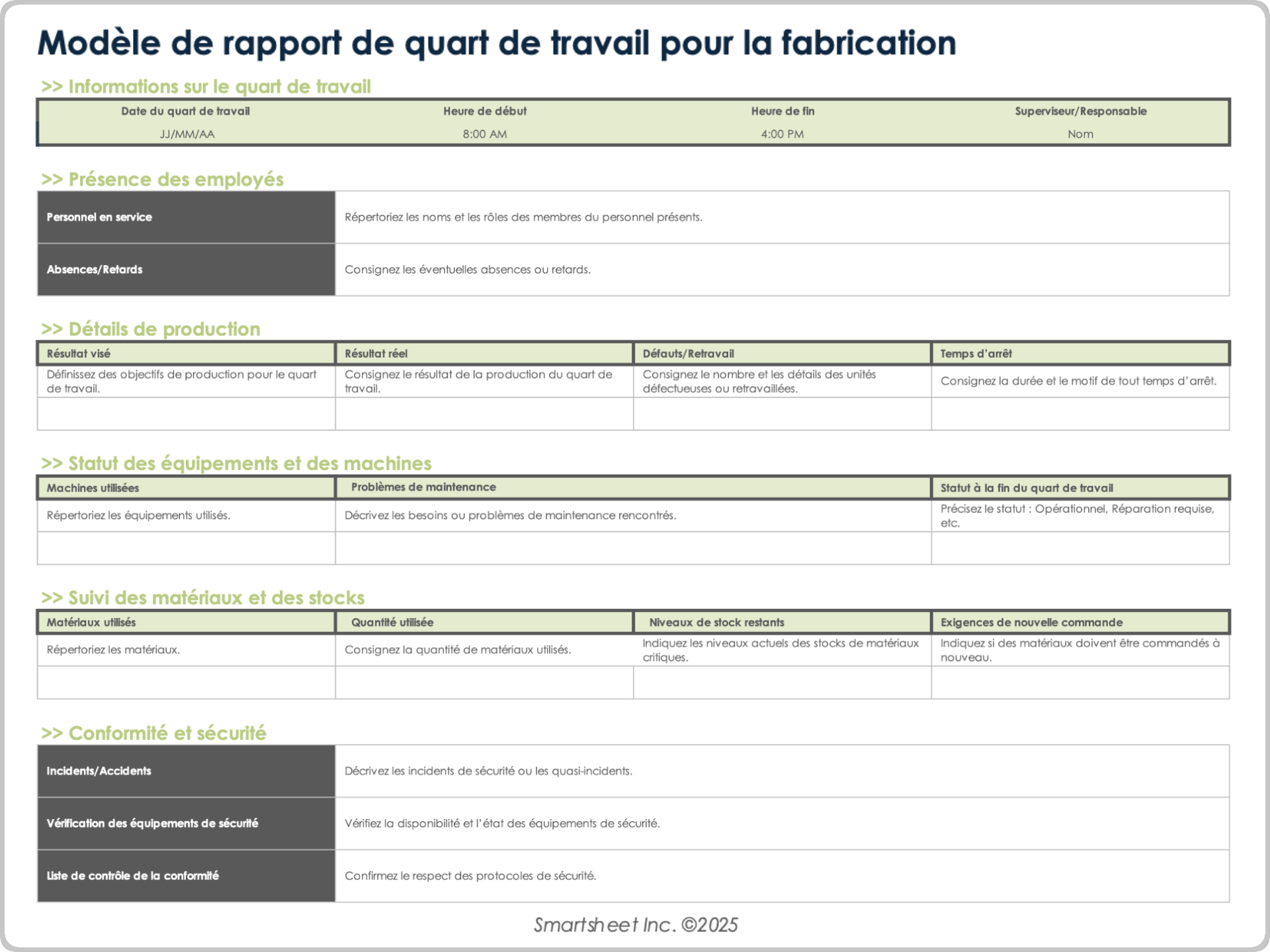 Modèle de rapport de quart de travail pour la fabrication