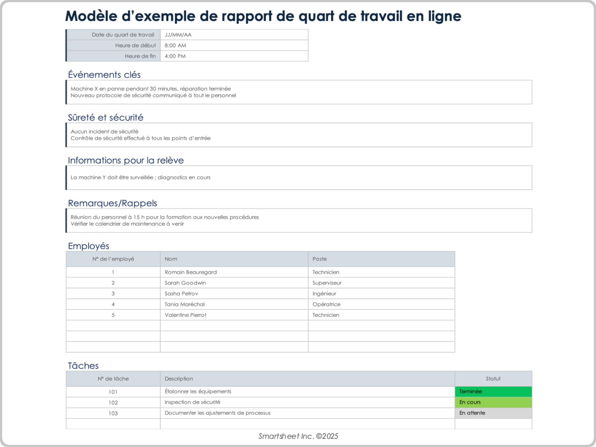 Modèle de rapport de quart de travail en ligne