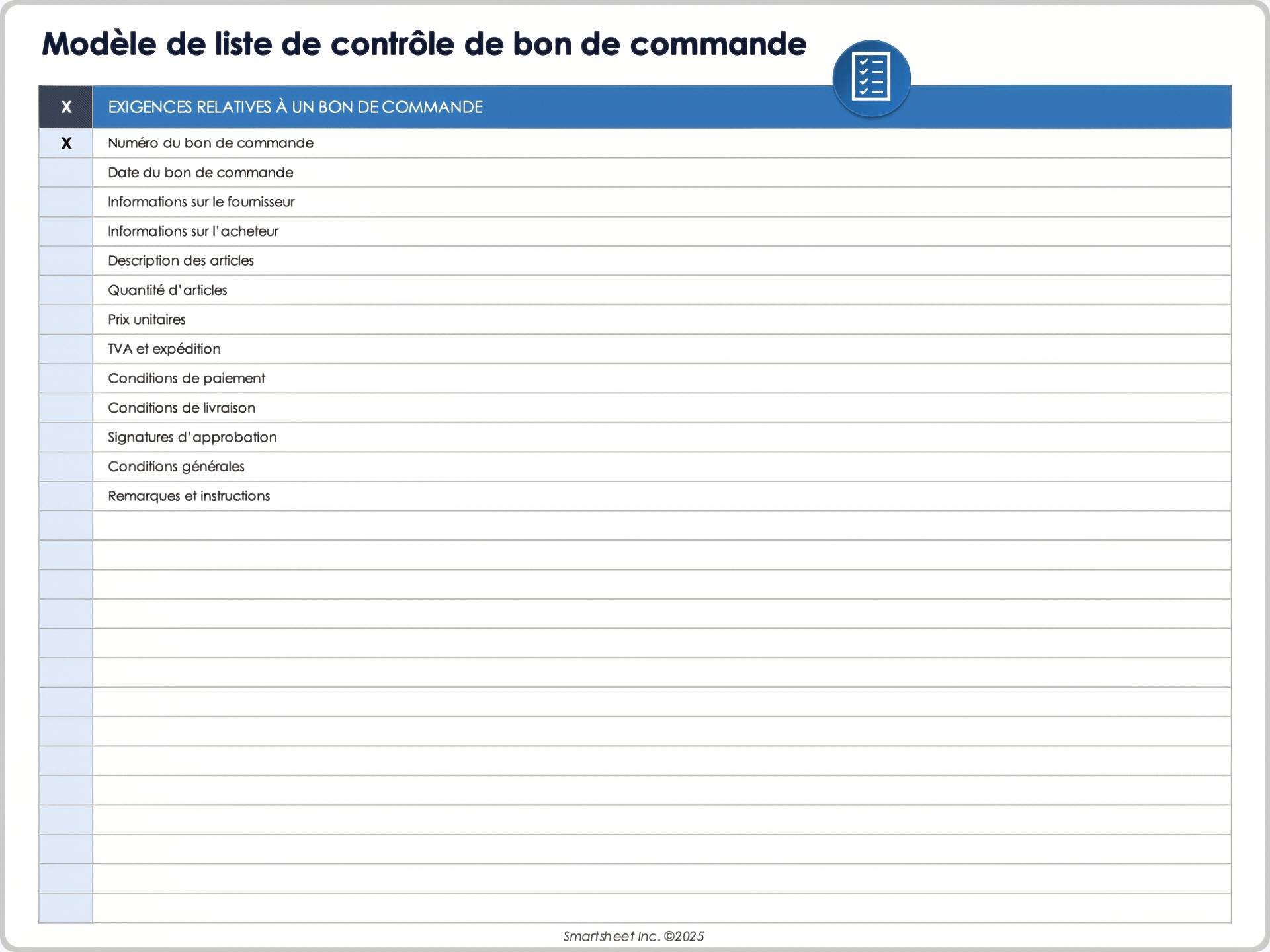 Modèle de liste de contrôle de bon de commande