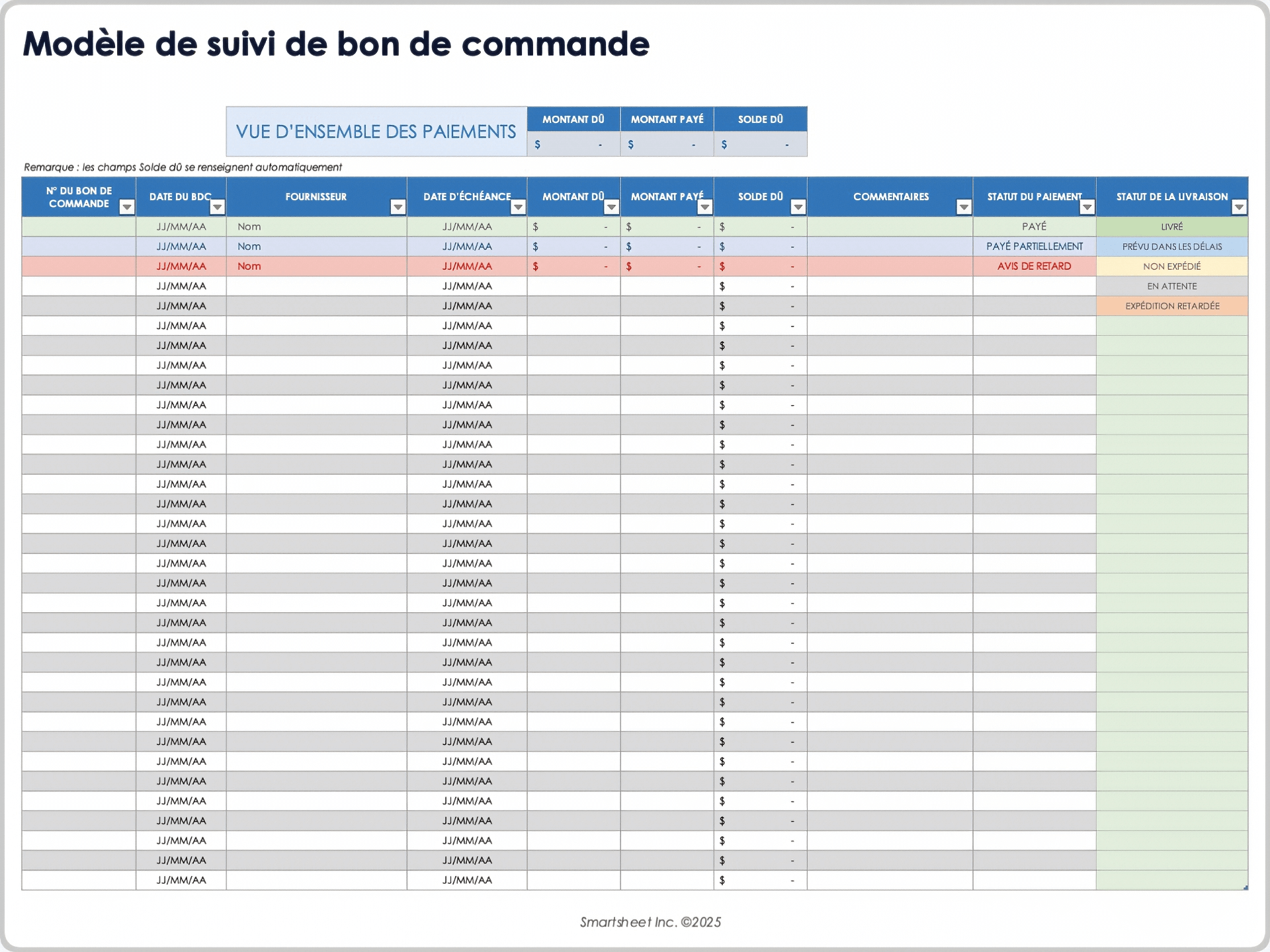 Modèle de suivi des bons de commande