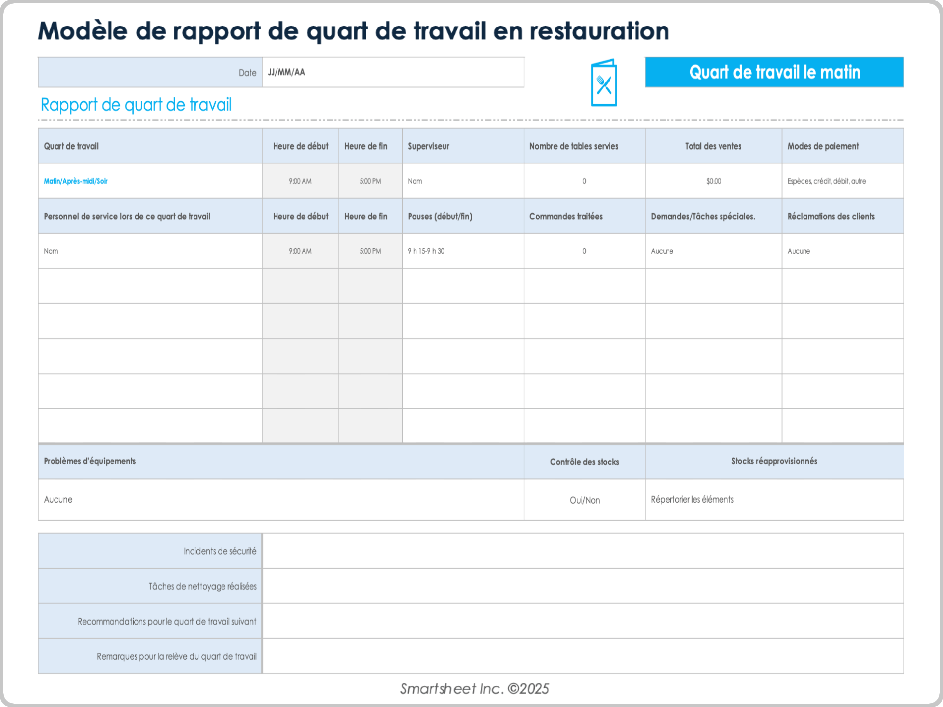 Modèle de rapport de quart de travail en restauration