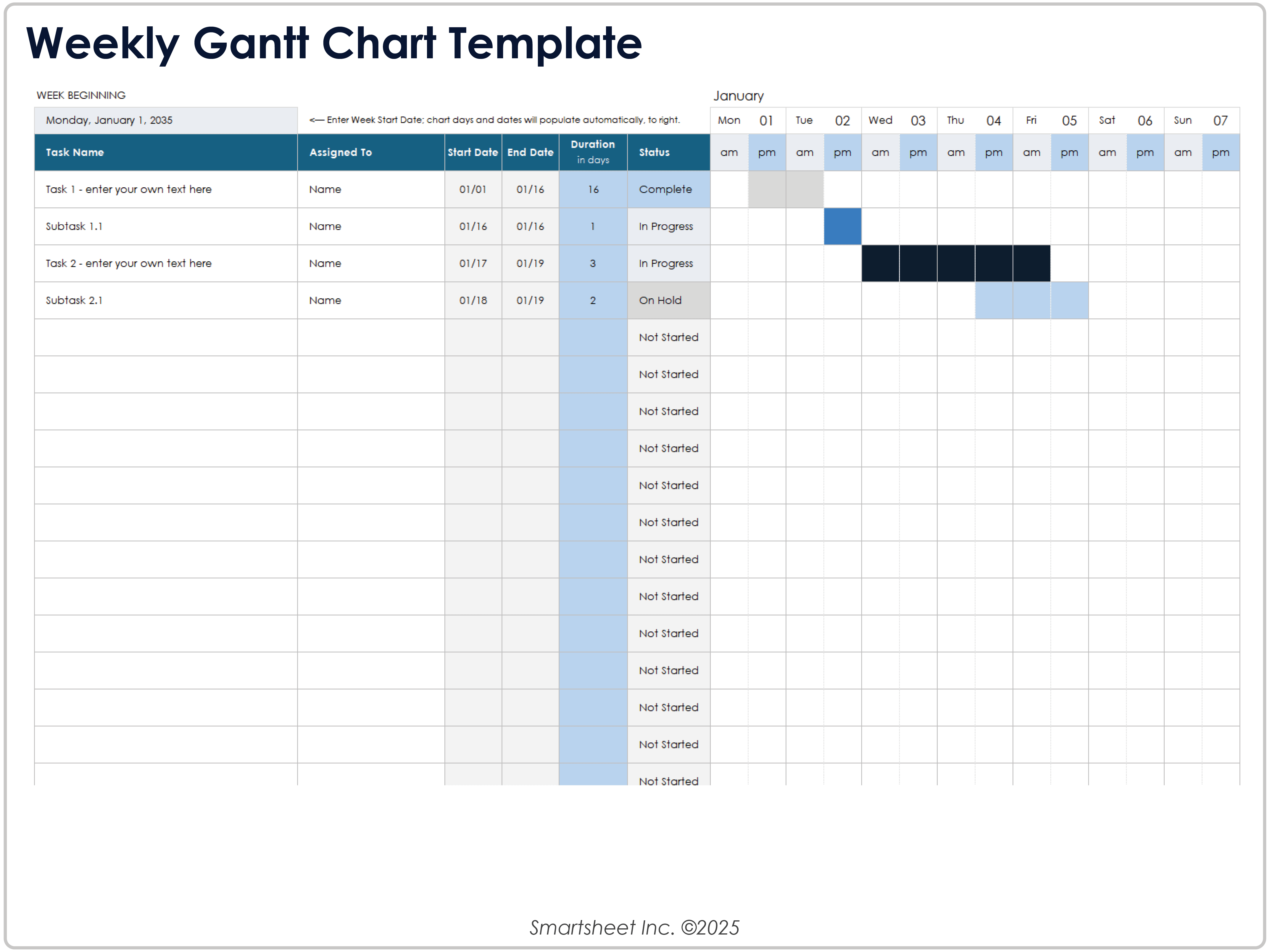 Modèle de diagramme de Gantt hebdomadaire