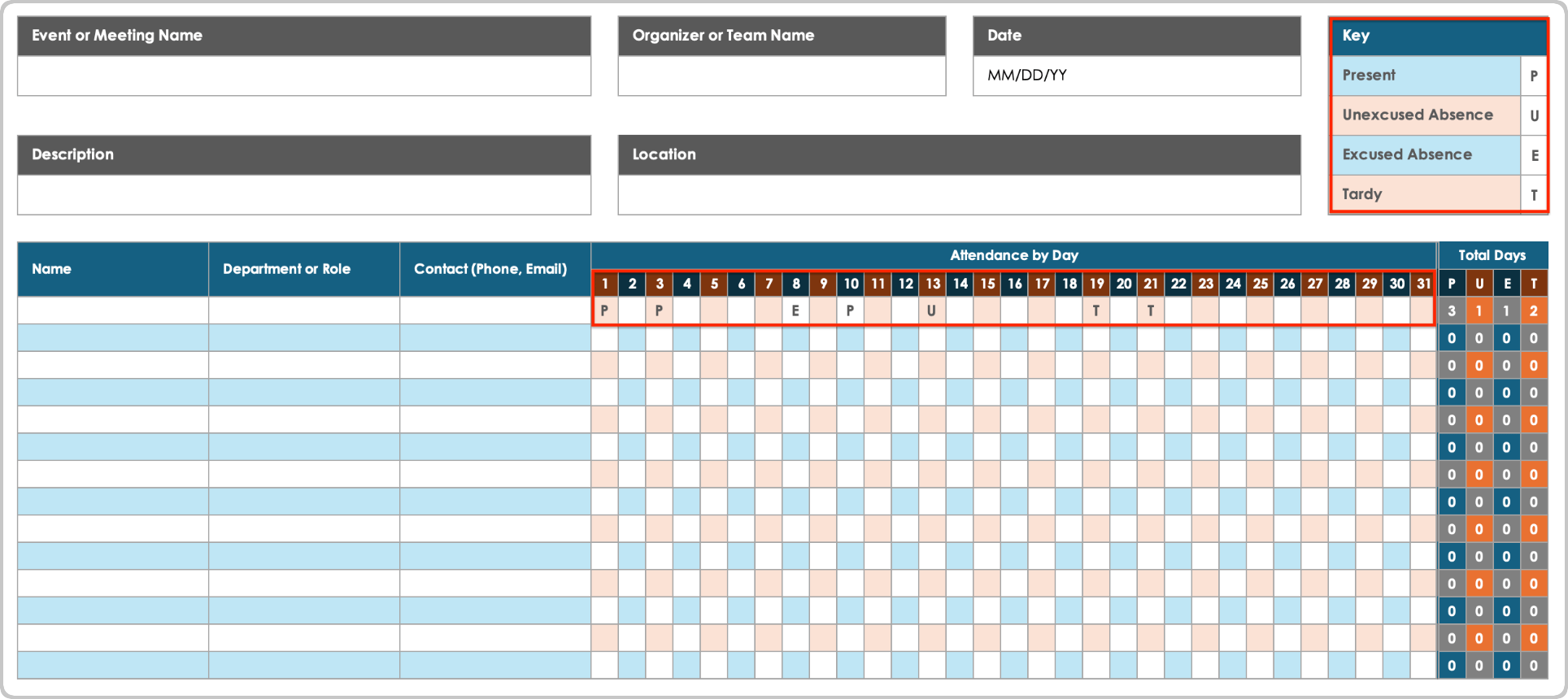 Modèle de feuille de calcul de présence mensuelle Suivi quotidien