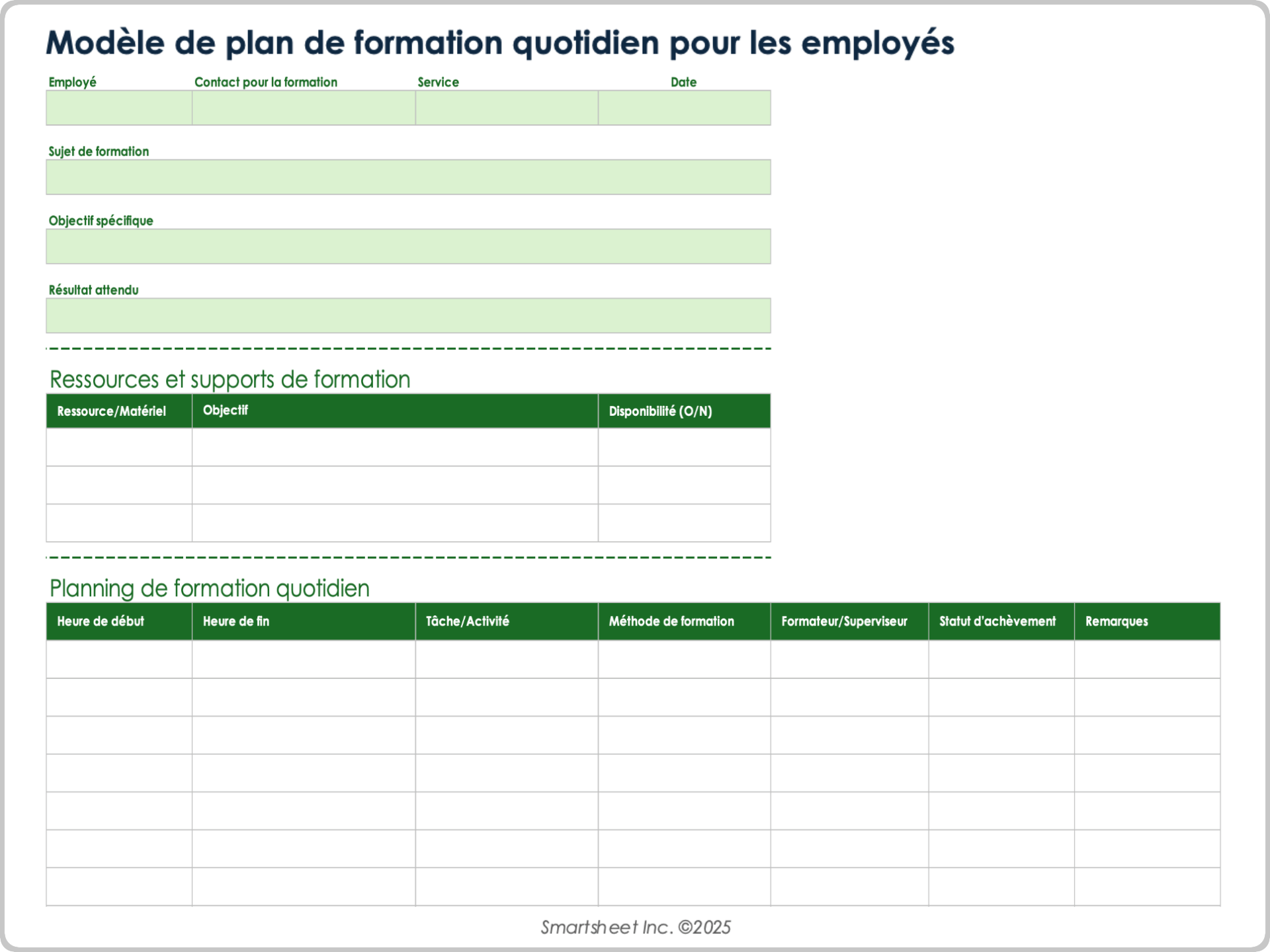 Modèle de plan de formation quotidien pour les employés