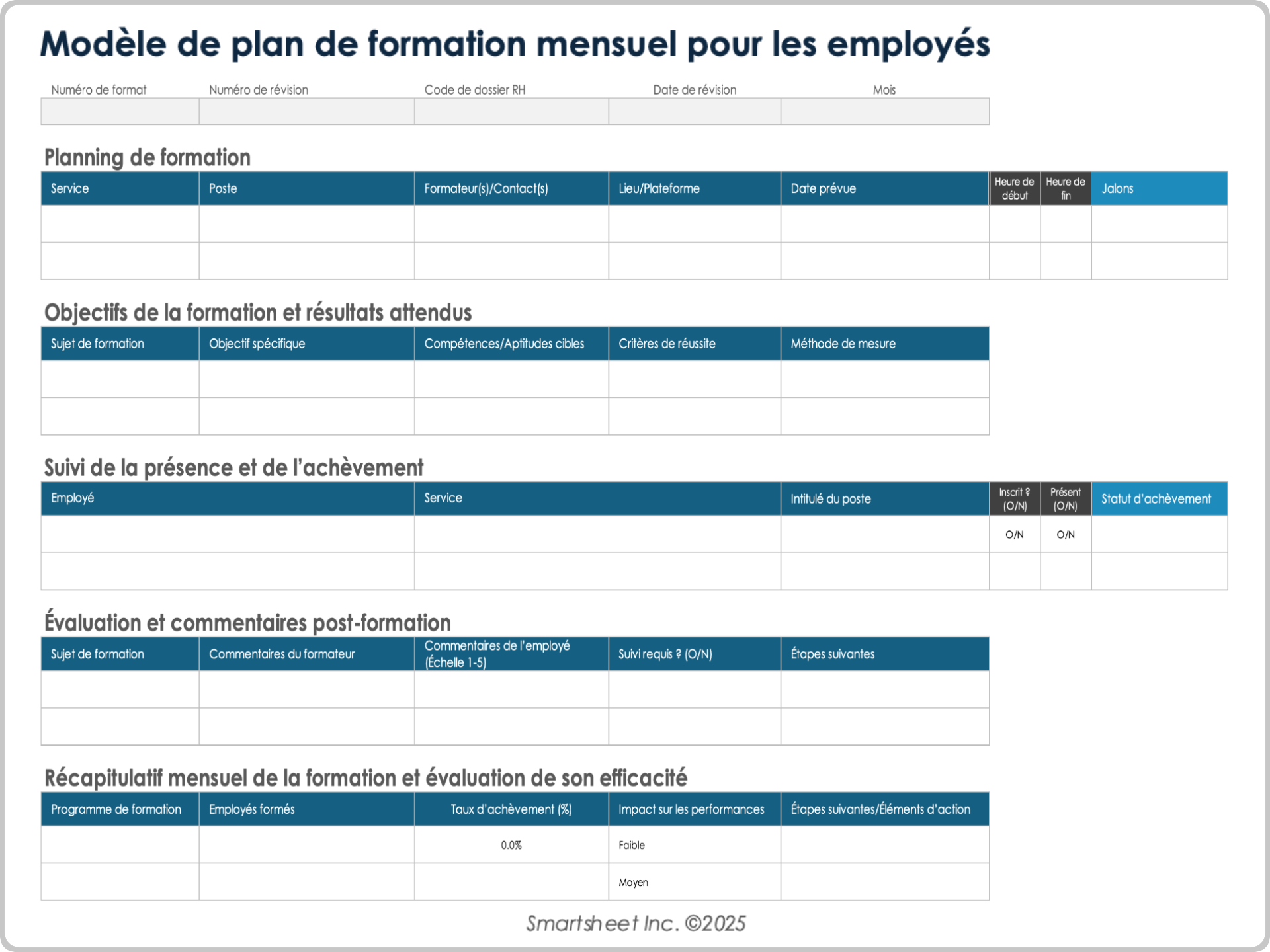 Modèle de plan de formation mensuel pour les employés