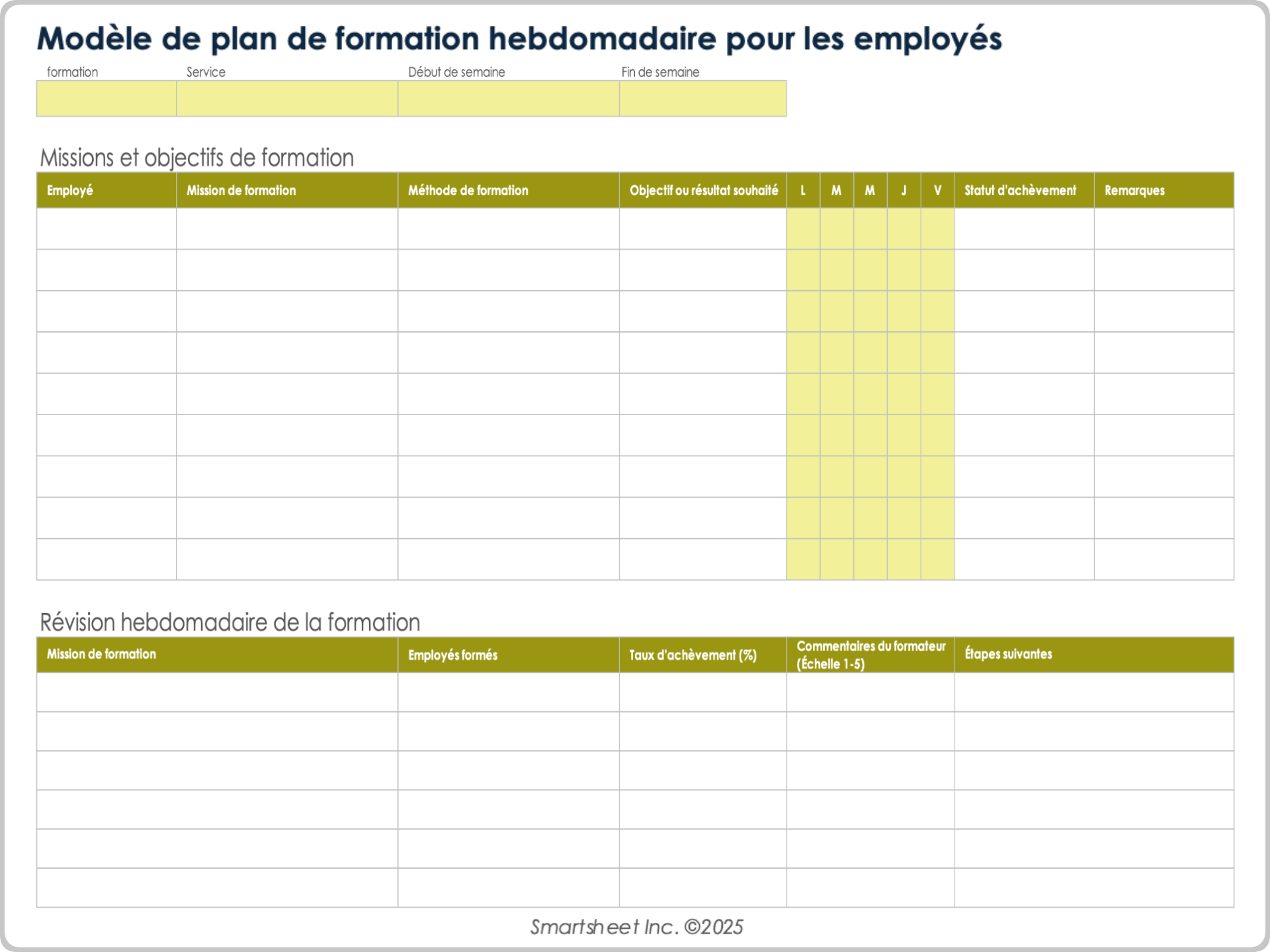 Modèle de plan de formation hebdomadaire pour les employés
