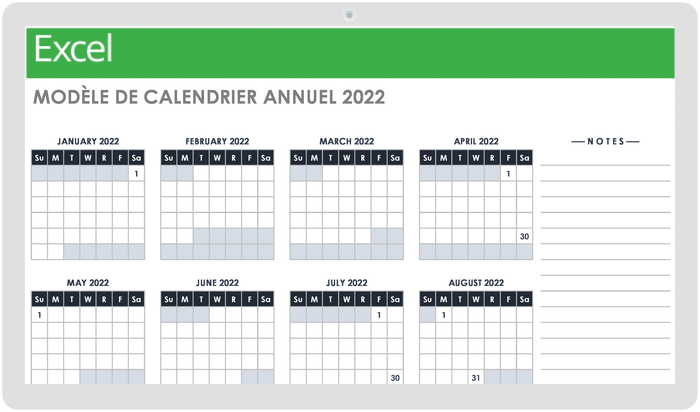 Modèle de calendrier de 12 mois pour 2022