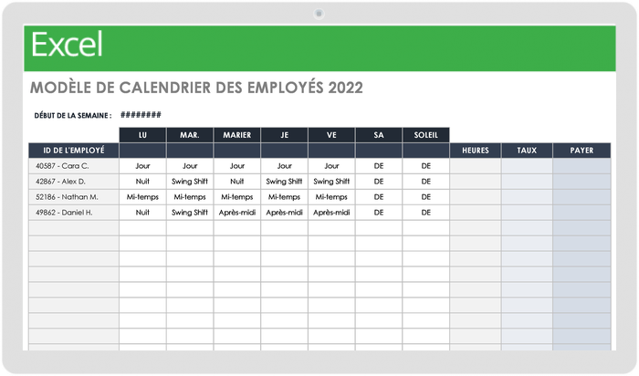  Modèle de calendrier des employés 2022
