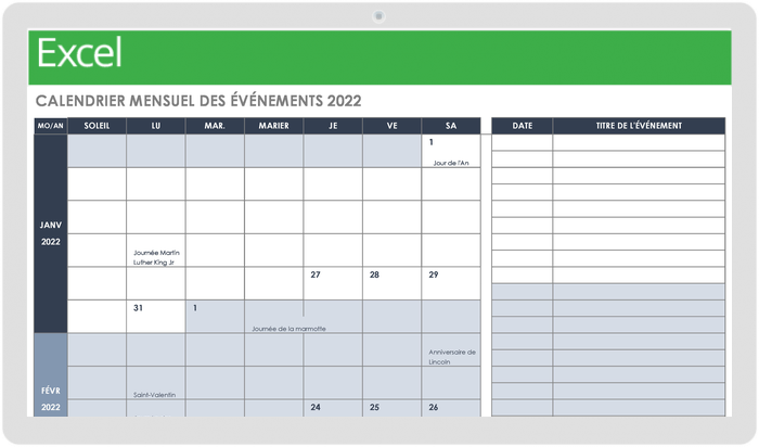  Modèle de calendrier mensuel des événements 2022
