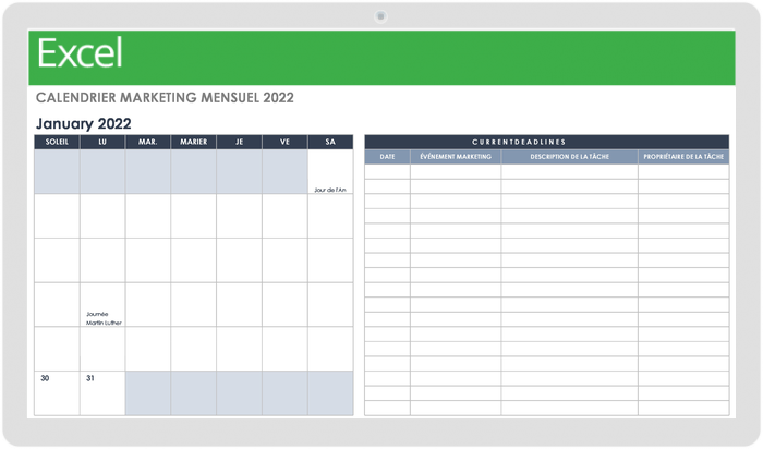 Modèle de calendrier marketing mensuel