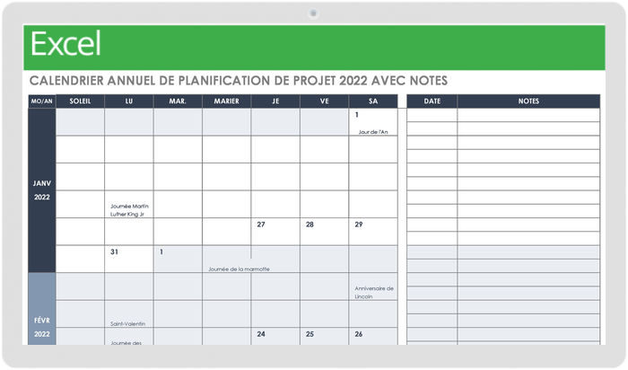 Calendrier de planification de projet annuel 2022 avec notes