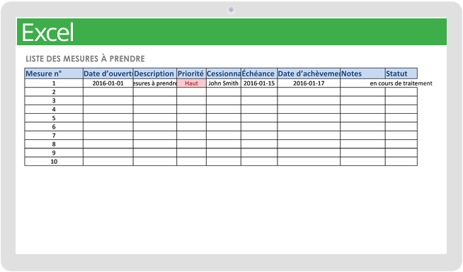 Modèle de liste d'éléments d'action