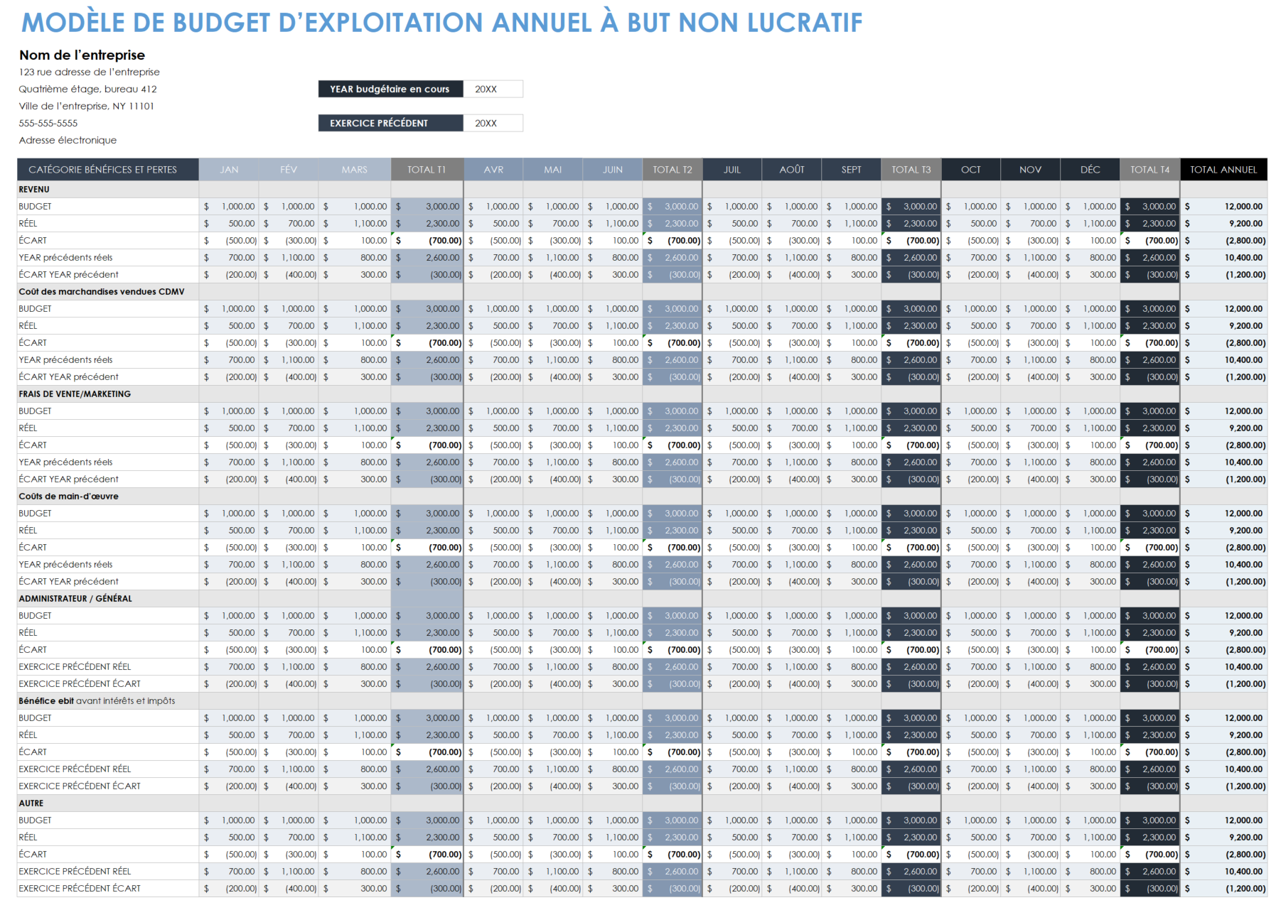 Budget de fonctionnement annuel à but non lucratif