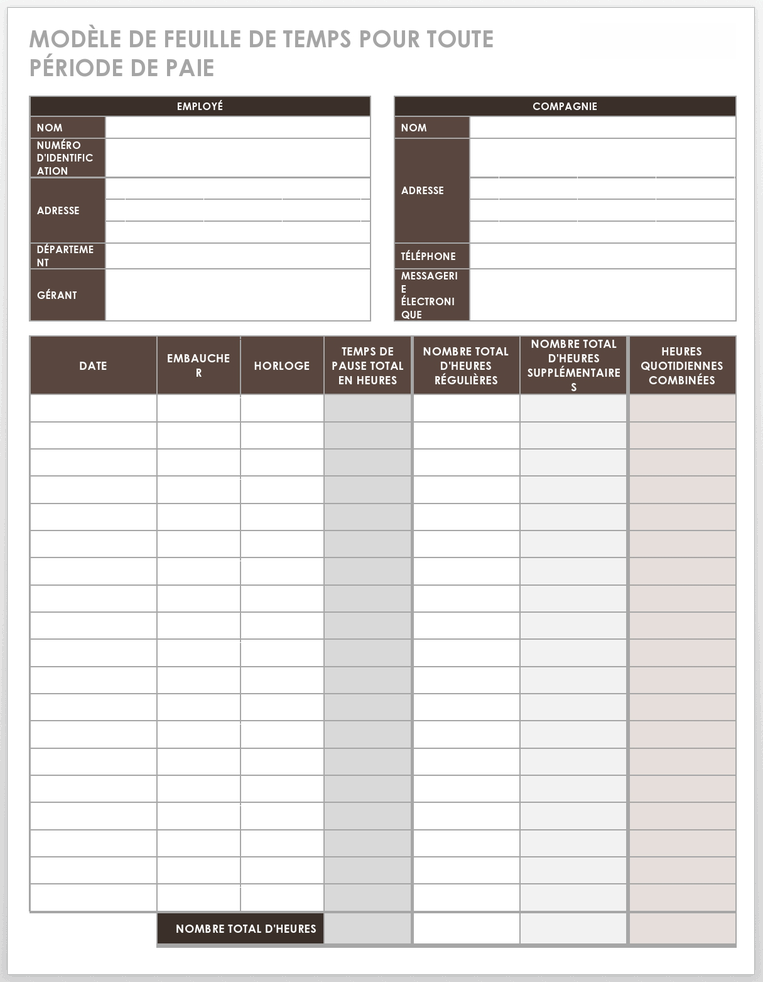 Modèle de feuille de temps pour n'importe quelle période de paie