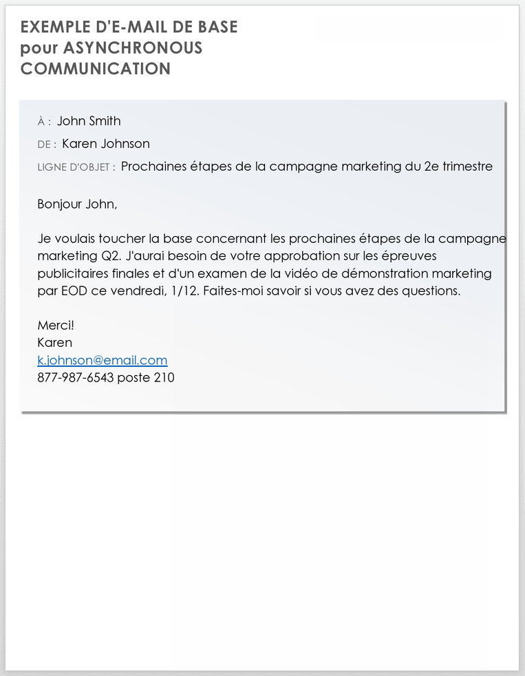 Exemple d'e-mail de base pour la communication asynchrone