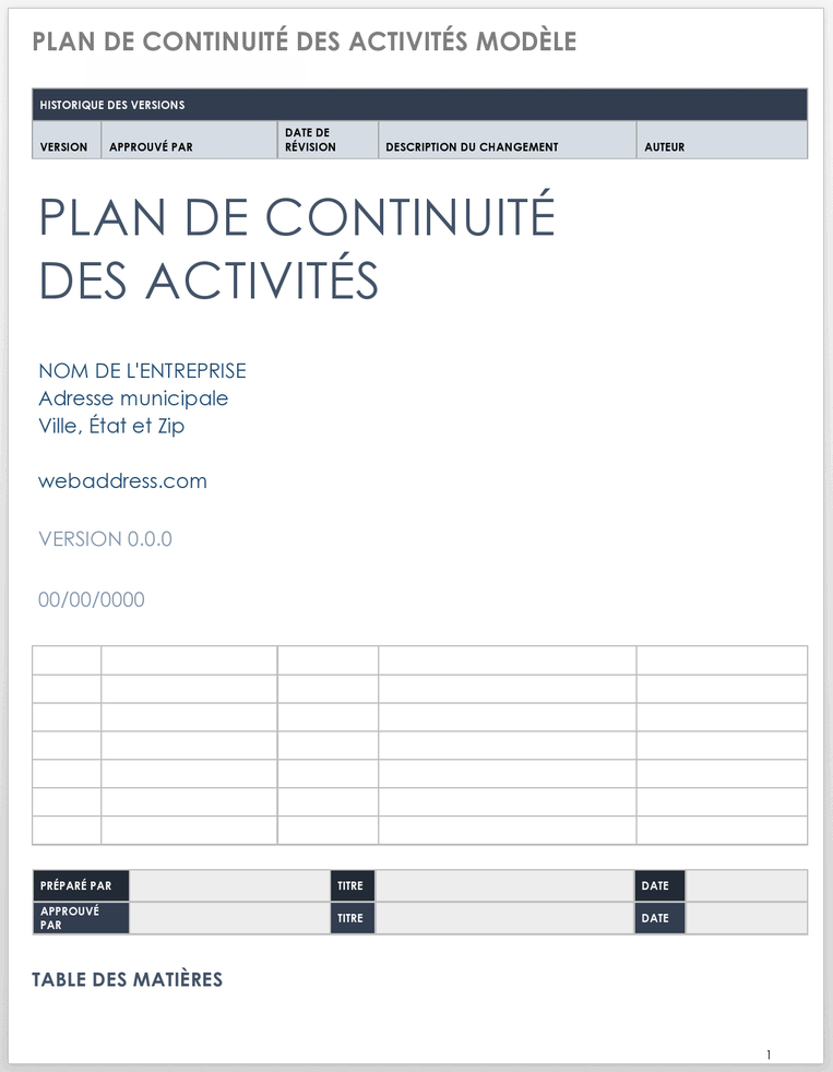 Modèle de plan de continuité des activités