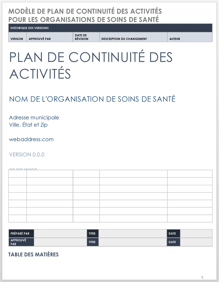  Modèle de plan de continuité des activités pour les organisations de soins de santé