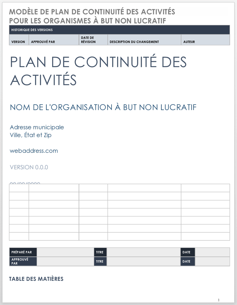 Modèle de plan de continuité des activités pour les organisations à but non lucratif