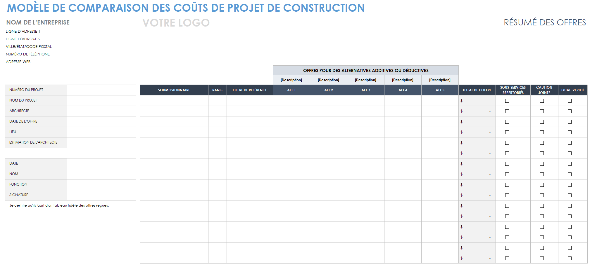  Modèle de comparaison des coûts de projet de construction