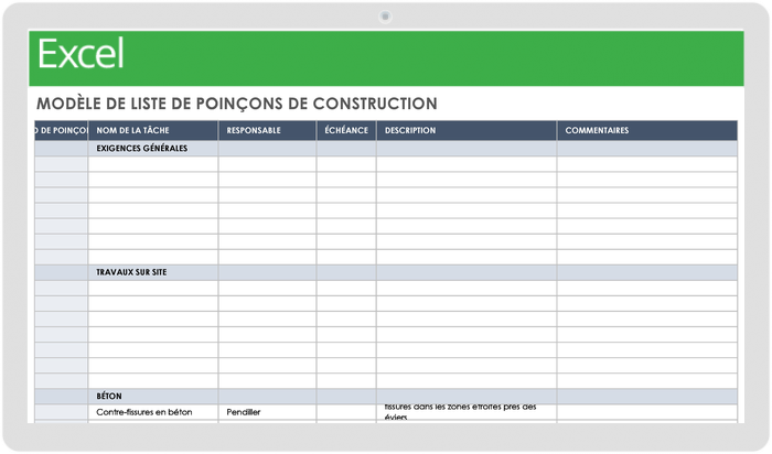 Modèle de liste de pointage de construction