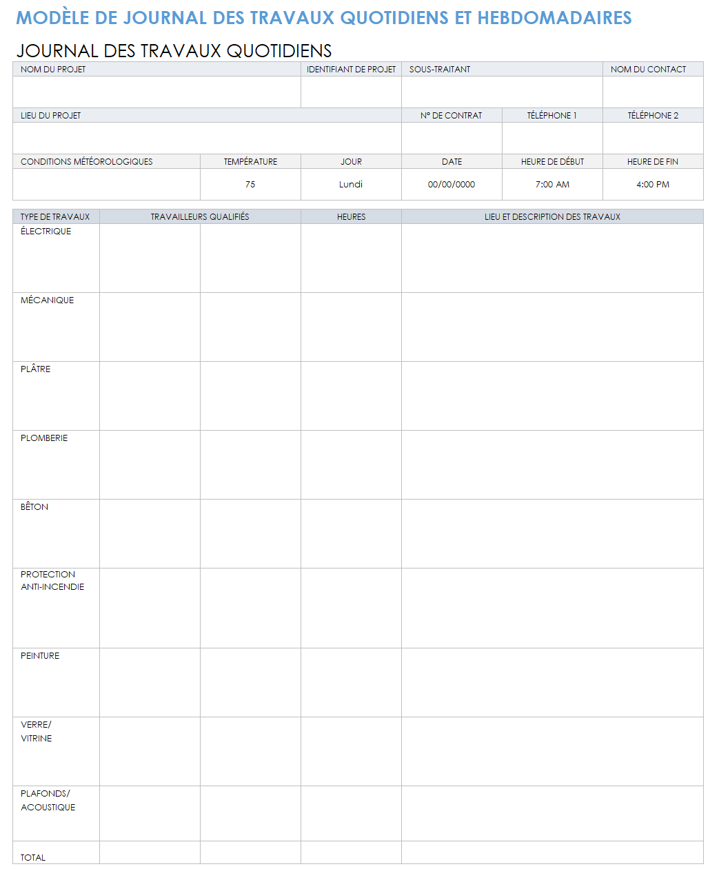 Journal de travail quotidien et hebdomadaire