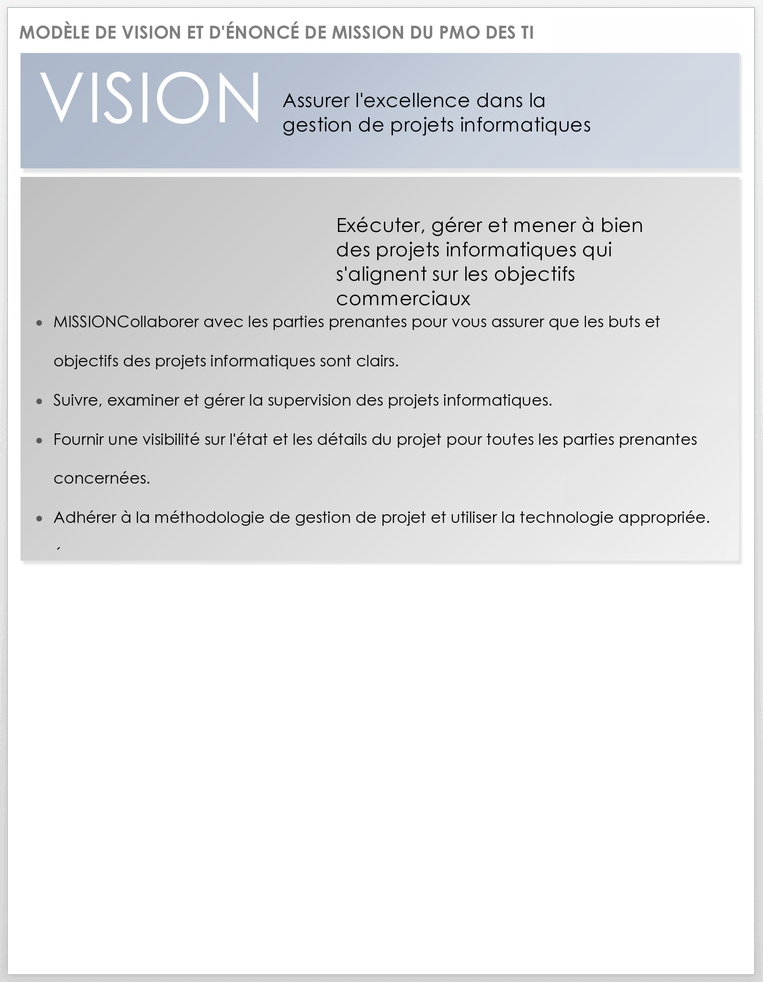 Modèle de déclaration de vision et de mission IT-PMO
