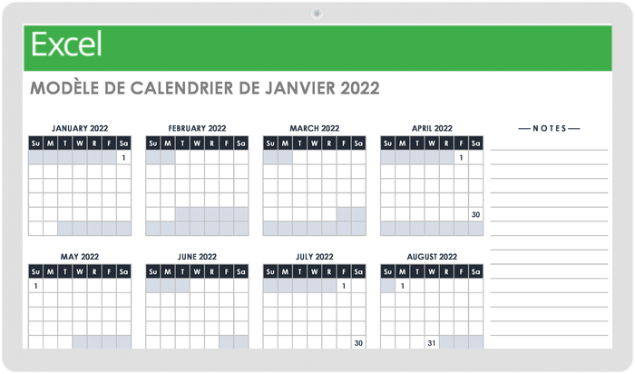 modèle de calendrier de janvier 2022