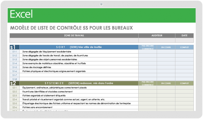 Modèle de liste de contrôle 5S pour la gestion de projet Lean pour les bureaux
