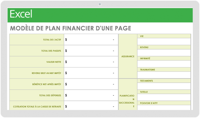 Modèle de plan financier d'une page